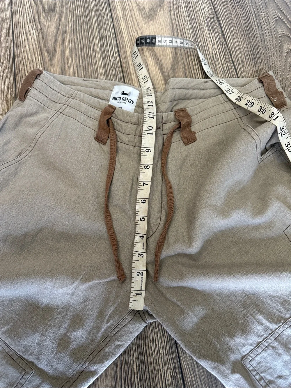 NICO GENZE New York 100% Linen Avant Garde Cargo Shorts XL tan Artisanal”